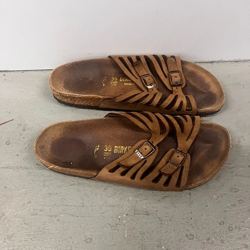 Birkenstock Granada Sandals Unisex M6/W8 Brown Leather Open Toe Slip On Slide - Picture 2 of 8